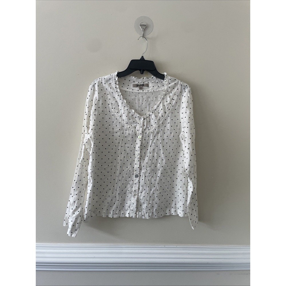 Flax Womens Polka Dot Linen Blouse Button Down Black White Top Size S